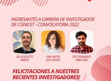 Felicitamos a Augusto Varese, Belén Vecchione y Fernando Erra Díaz por su ingreso a la Carrera de investigador científico de CONICET. 